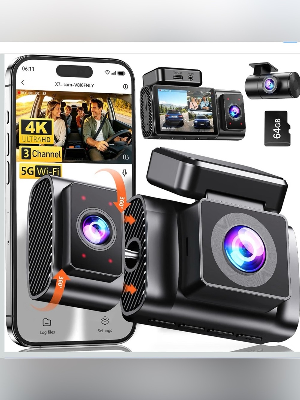Dash Cam Front and Rear 4K 3 channel dash cam for car free 64GB card